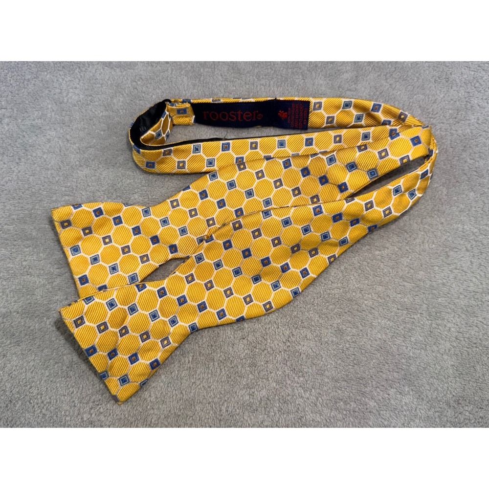 Rooster Mens Yellow Geometric Honeycomb‎ Silk Blend Adjustable Self-Tie Bow Tie
